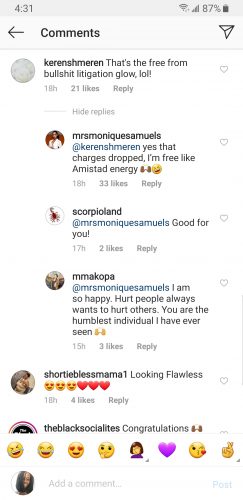 Monique Samuels' response to user
