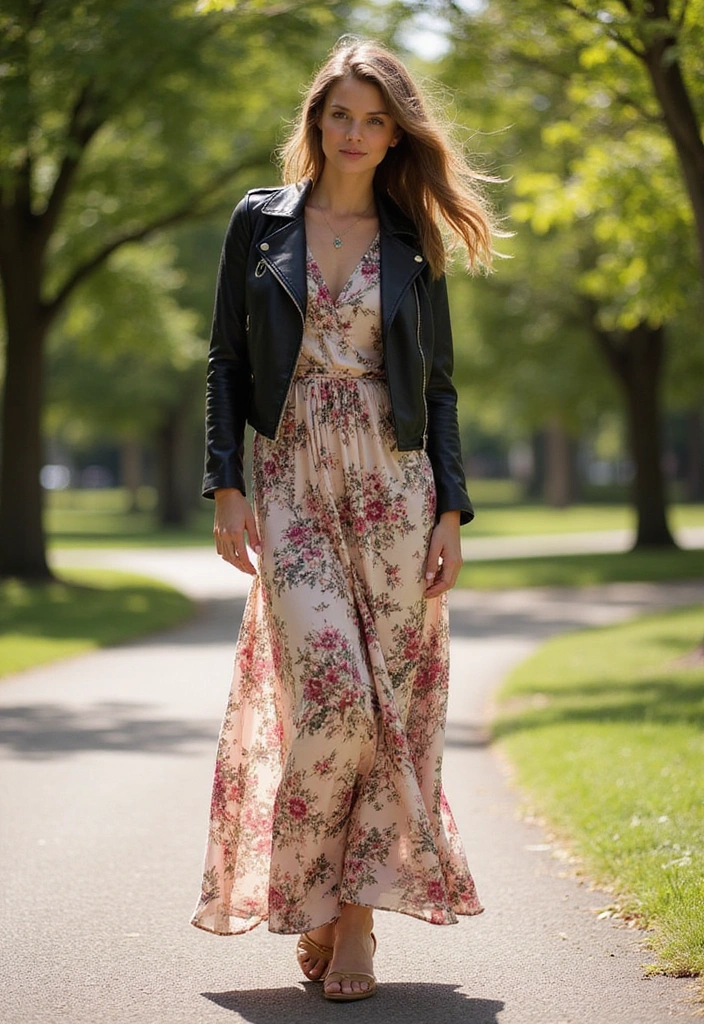 25 Layered Moto Boho Looks That Are Perfect for Every Season! - 1. The Classic Moto Jacket with a Flowing Maxi Dress