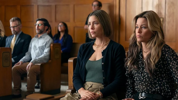 Chloe and Nicky attend a tense courtroom scene in The Better Sister, key moment in corporate crime arc.