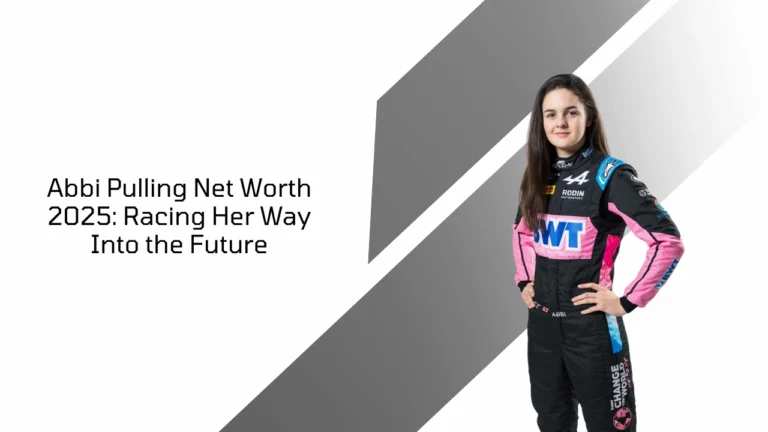 Abbi Pulling in racing suit with title "Net Worth 2025: Racing Her Way Into the Future" beside her