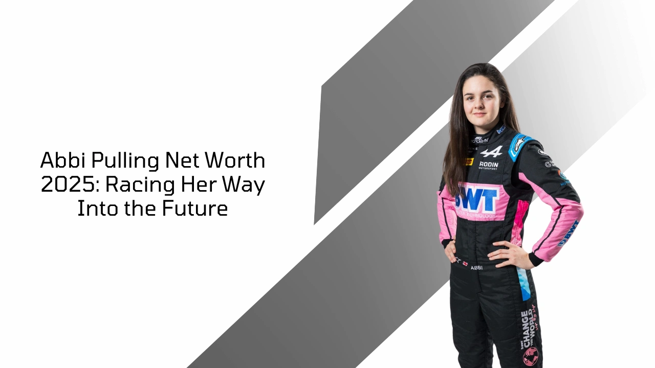 Abbi Pulling in racing suit with title "Net Worth 2025: Racing Her Way Into the Future" beside her