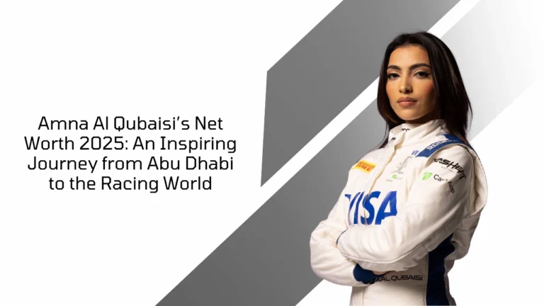 Amna Al Qubaisi in racing suit posing confidently with title text about her 2025 net worth journey