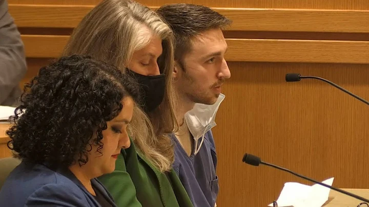 Chandler Halderson seated in court during January 2022 trial for Wisconsin double murder conviction.
