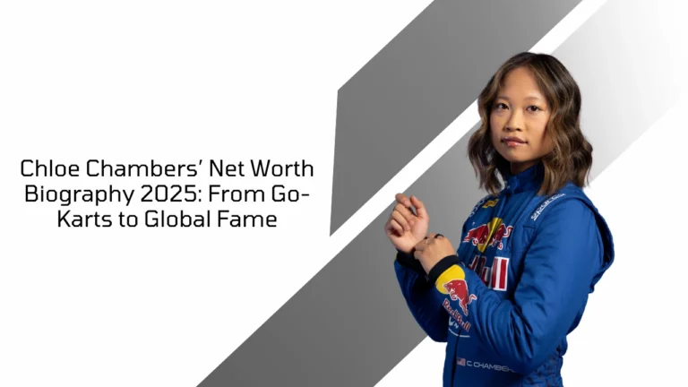 Chloe Chambers in racing suit beside title text about her 2025 net worth and racing biography