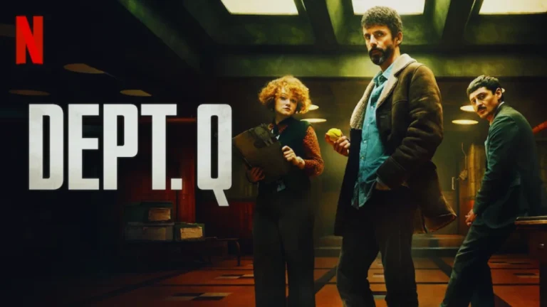 Dept. Q Netflix series poster with Carl, Rose, and Akram in an investigation room.