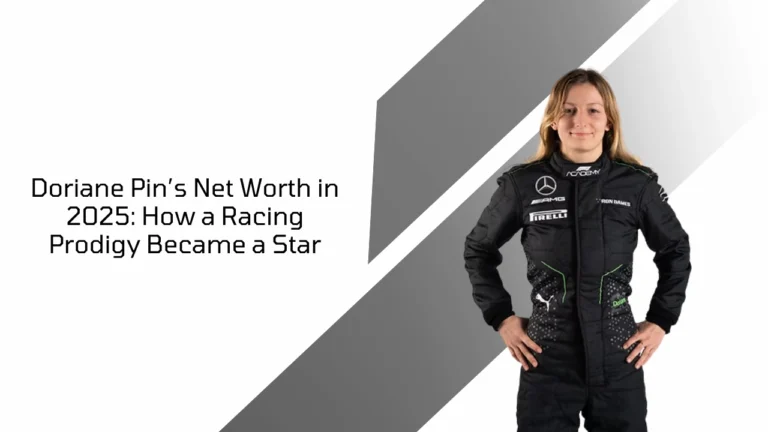 Doriane Pin in racing suit with title text about her net worth and rise in motorsport, 2025.