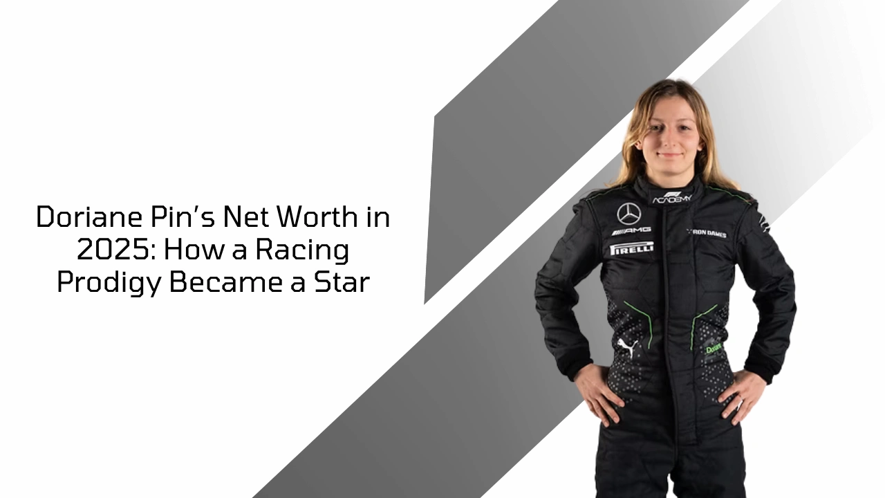 Doriane Pin in racing suit with title text about her net worth and rise in motorsport, 2025.