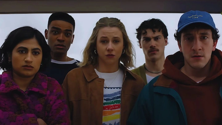 Main cast of FX's Adults standing close together with serious expressions.