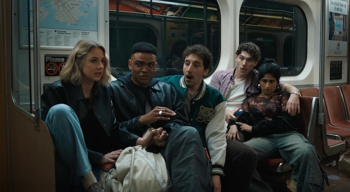 FX’s Adults cast riding a subway train, looking engaged in casual group conversation.