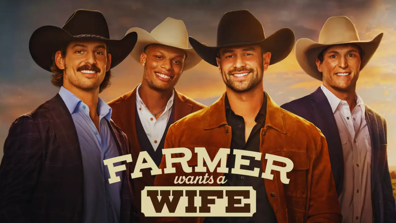The four farmers from Farmer Wants a Wife Season 3 sit and stand casually outdoors in cowboy hats and denim for the After Party photo shoot.