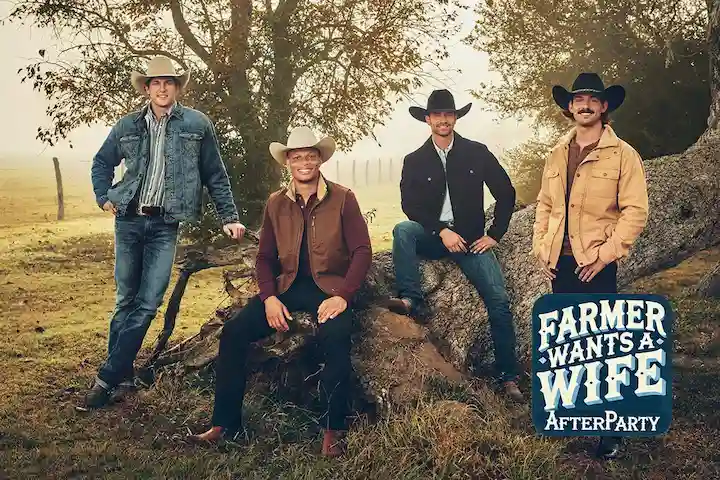 Four smiling farmers wearing cowboy hats pose against a sunset sky in the official promo for Farmer Wants a Wife Season 3.