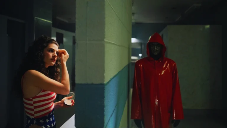 Woman in red, white, and blue costume applies makeup as masked killer watches silently.