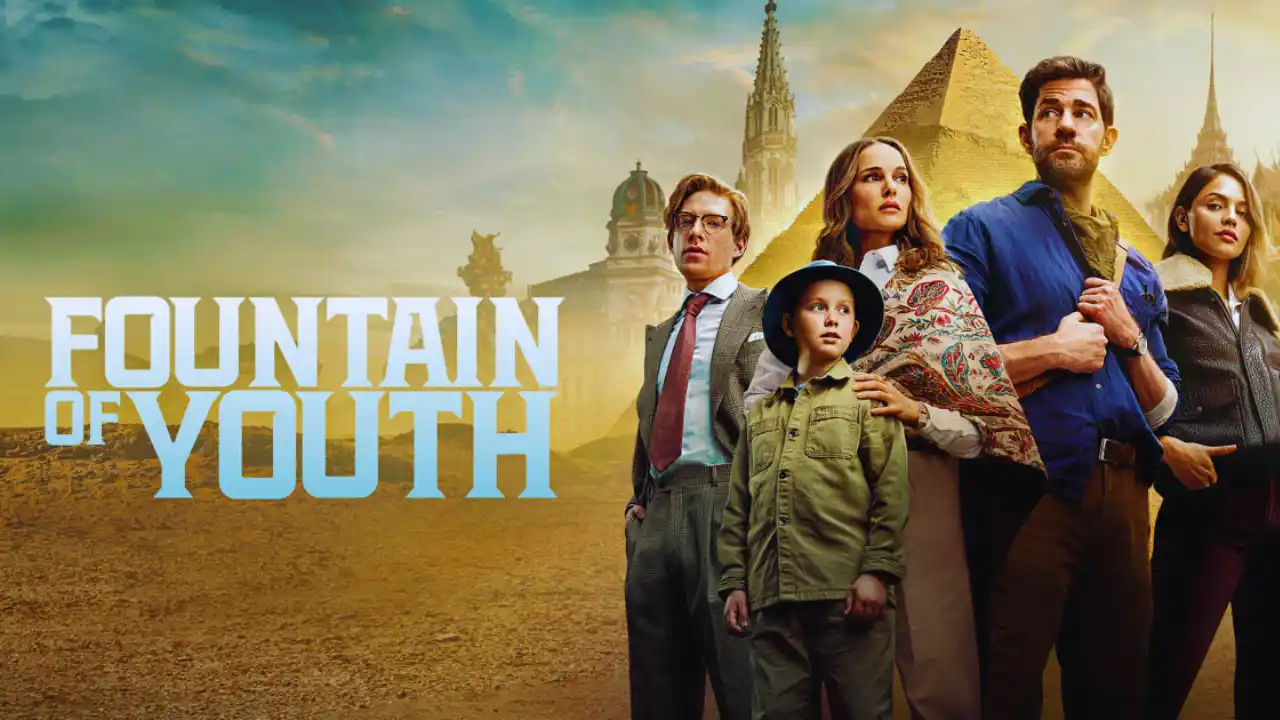 Cast of Guy Ritchie's Fountain of Youth movie standing in front of ancient landmarks including the Egyptian pyramids.