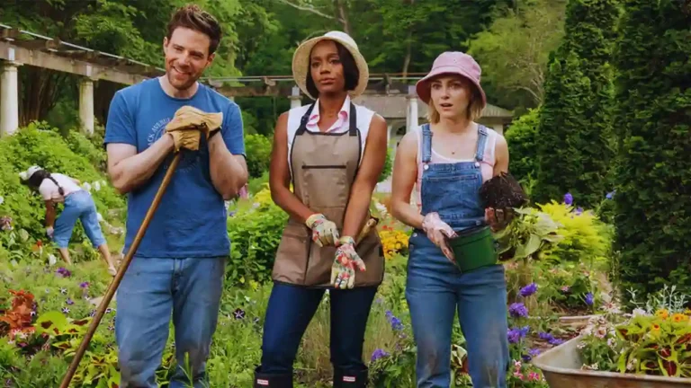 Main cast of Grosse Pointe Garden Society standing tensely in a garden club setting, hinting at secrets and betrayal as Season 2 approaches.