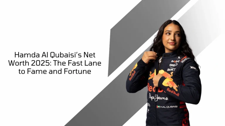 Hamda Al Qubaisi in racing suit with title “Net Worth 2025: The Fast Lane to Fame and Fortune”