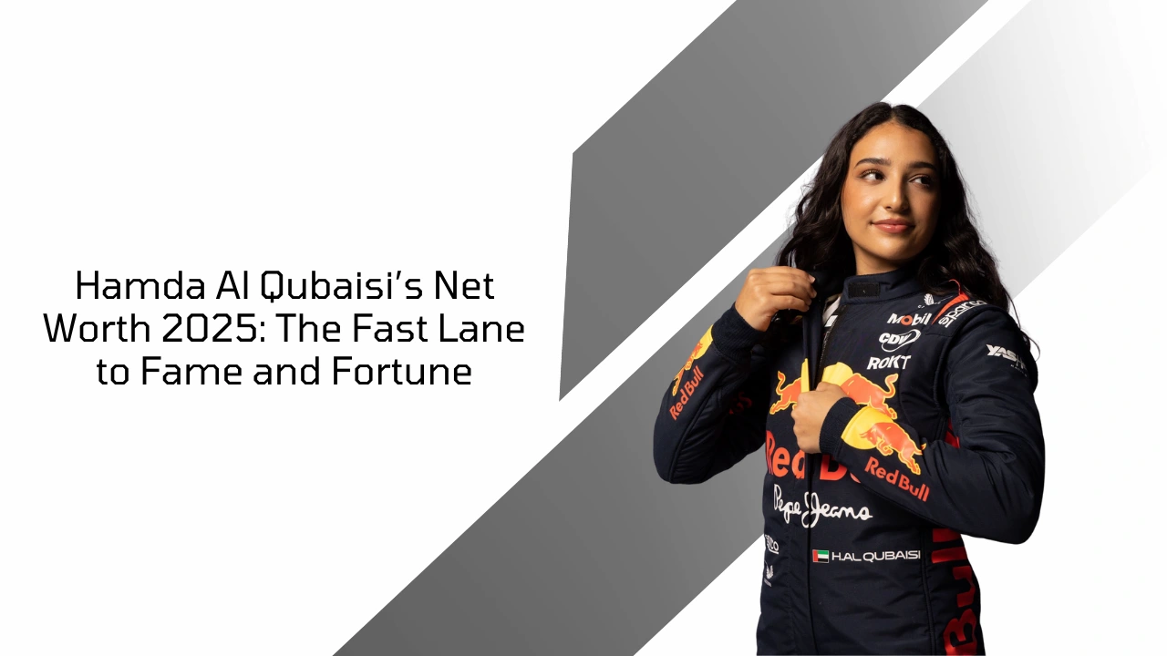 Hamda Al Qubaisi in racing suit with title “Net Worth 2025: The Fast Lane to Fame and Fortune”