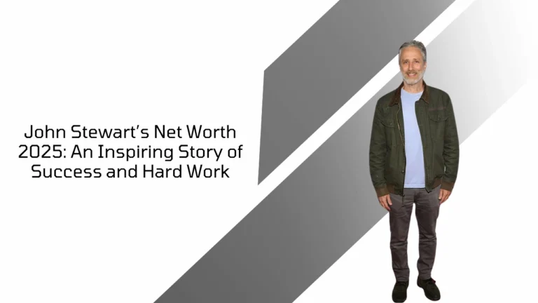 John Stewart smiling in casual outfit with article title about his 2025 net worth and success story