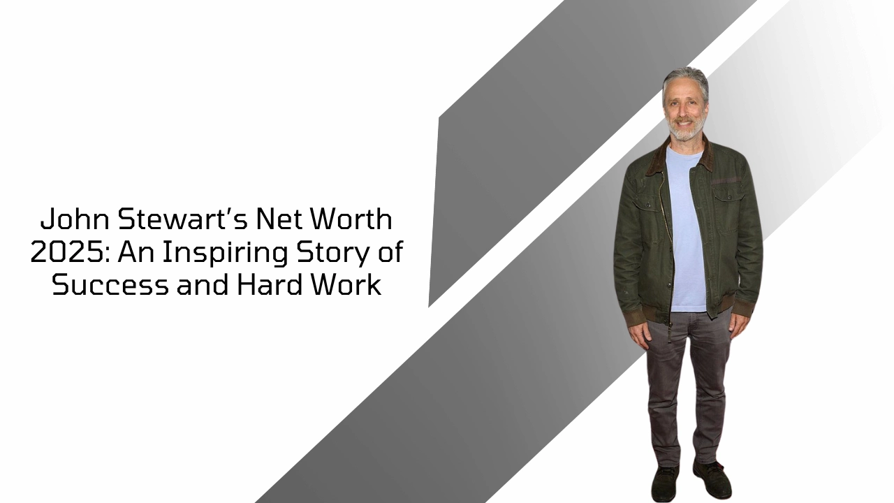 John Stewart smiling in casual outfit with article title about his 2025 net worth and success story