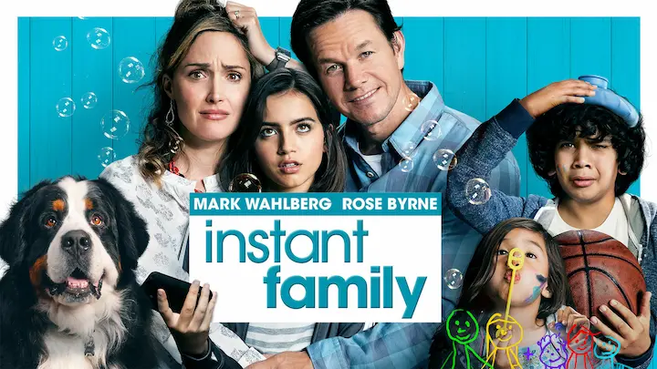 A warm family moment inspired by the movie Instant Family, showing adoptive parents bonding with children in a cozy living room setting, symbolizing real-life adoption stories.