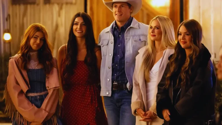 Keeley Goldberg standing with Farmer Colton Hendricks and fellow contestants on Farmer Wants a Wife Season 3 .