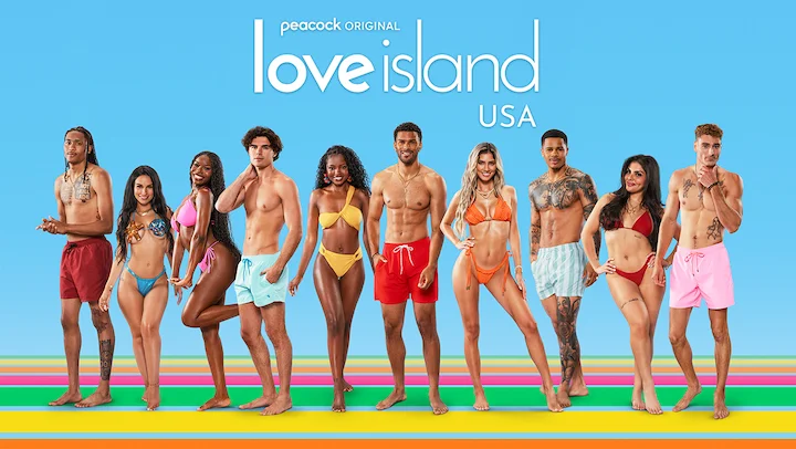 Love Island USA Season 7 cast lineup posing in vibrant swimwear for official Peacock promo.