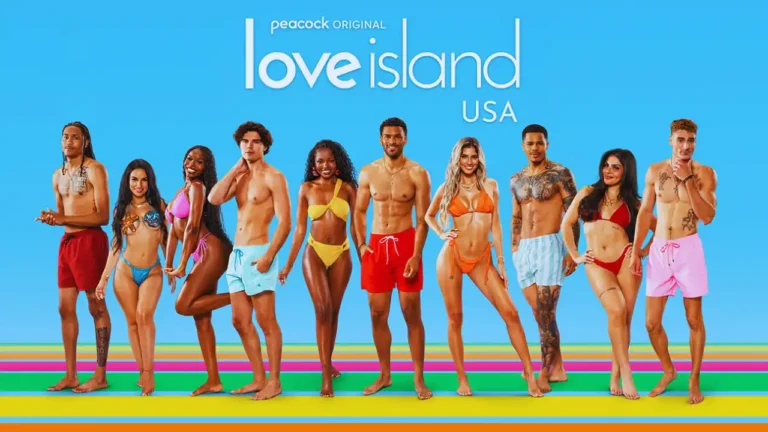 Love Island USA Season 7 cast in colorful swimwear posing for promotional poster on Peacock.