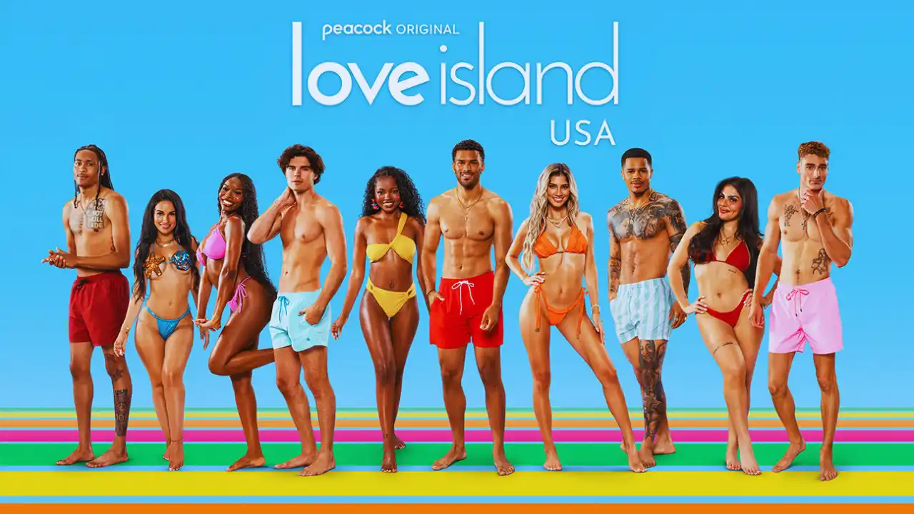 Love Island USA Season 7 cast in colorful swimwear posing for promotional poster on Peacock.