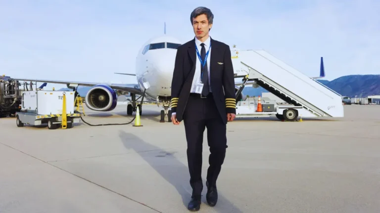 Nathan Fielder wearing a pilot uniform, walking on an airport runway in front of a Boeing 737 plane.