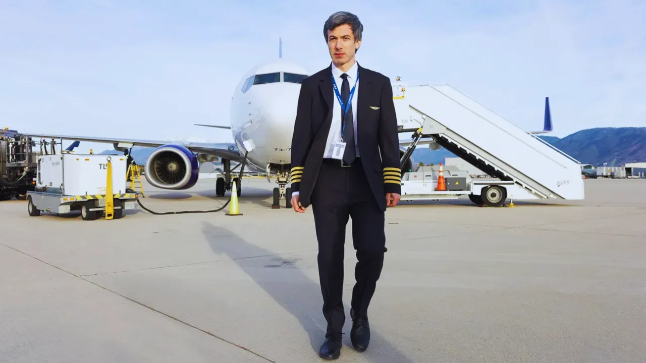 Nathan Fielder wearing a pilot uniform, walking on an airport runway in front of a Boeing 737 plane.