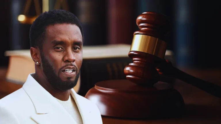 “Diddy” Combs standing in front of a judge’s gavel, symbolizing his legal trial.