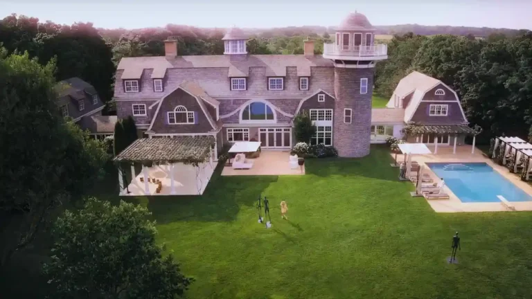 Aerial view of Michaela Kell’s fictional mansion with pool and garden from Netflix’s Sirens.