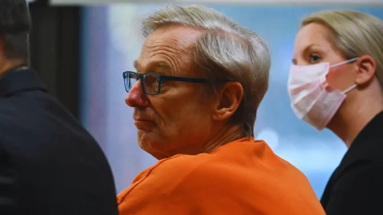 Steven Pankey in court wearing an orange prison uniform during his trial.
