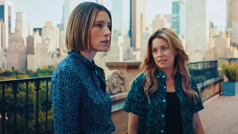 Two women talking on rooftop in city scene from The Better Sister series.