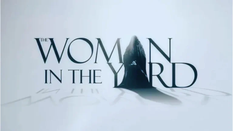 The Woman in the Yard movie title logo with shadowed figure in black veil, horror film branding.