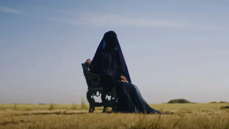 A mysterious veiled woman in black sits alone on a bench in a wide, empty field in The Woman in the Yard, symbolizing grief and isolation.