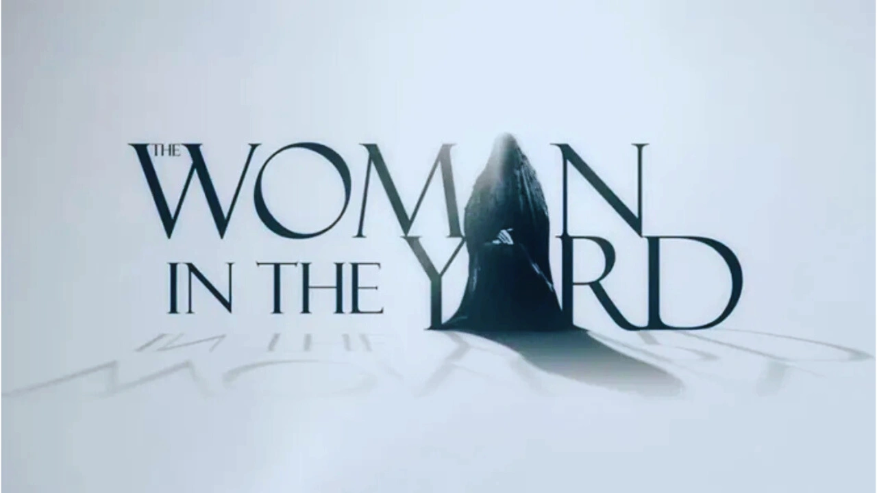 The Woman in the Yard movie title logo with shadowed figure in black veil, horror film branding.