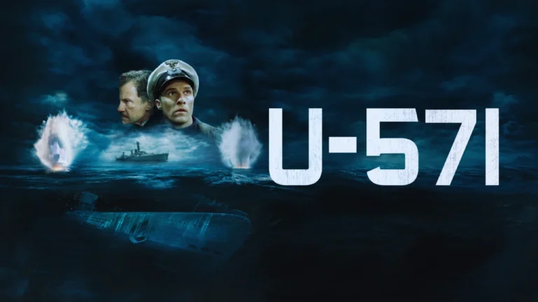 U-571 movie poster with submarine, warship, explosions, and main characters in uniform.