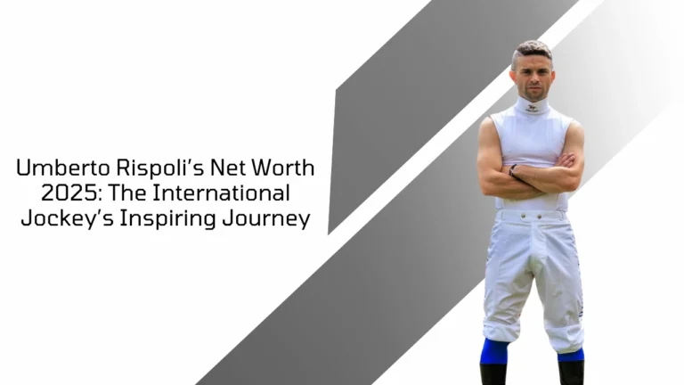 Umberto Rispoli standing in jockey gear with headline about Umberto Rispoli’s Net Worth 2025 journey.