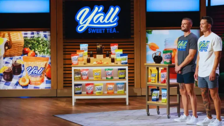 Y’all Sweet Tea display on Shark Tank with product table and branding.