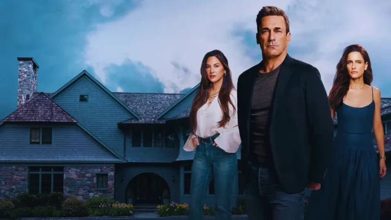 Cast of Your Friends and Neighbors standing in front of a large house under a stormy sky.