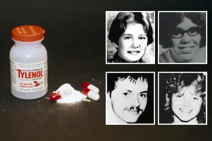 Tylenol bottle and capsules with inset photos of four victims from the 1982 cyanide poisoning case.