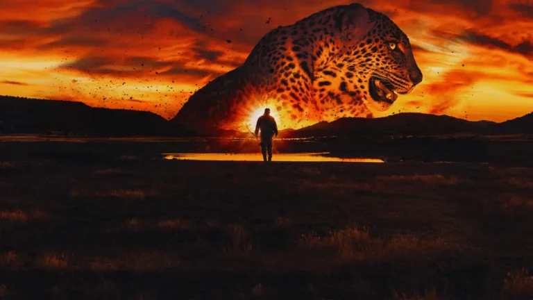 Survivor walking into fiery sunset with a giant leopard spirit in Alone Season 12 desert scene.