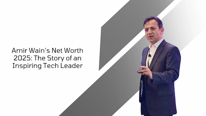 Amir Wain presenting on stage with title "Amir Wain’s Net Worth 2025: Inspiring Tech Leader"