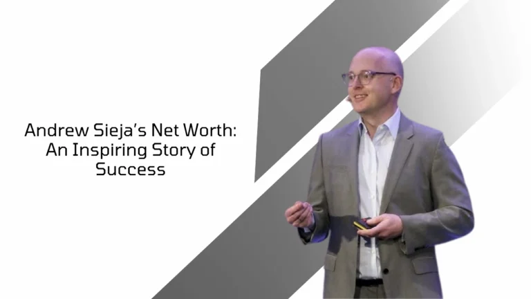 Andrew Sieja speaking on stage about business success and net worth growth in the tech industry