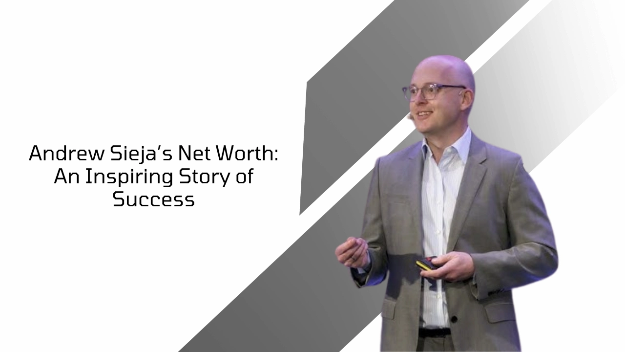 Andrew Sieja speaking on stage about business success and net worth growth in the tech industry