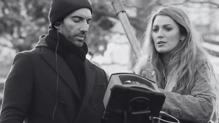 Blake Lively and Justin Baldoni reviewing scene on It Ends With Us movie set.