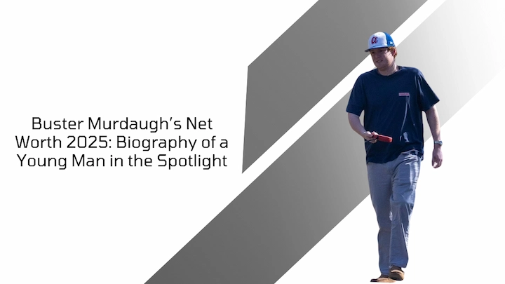 Buster Murdaugh walking casually, featured in a 2025 net worth biography article graphic.