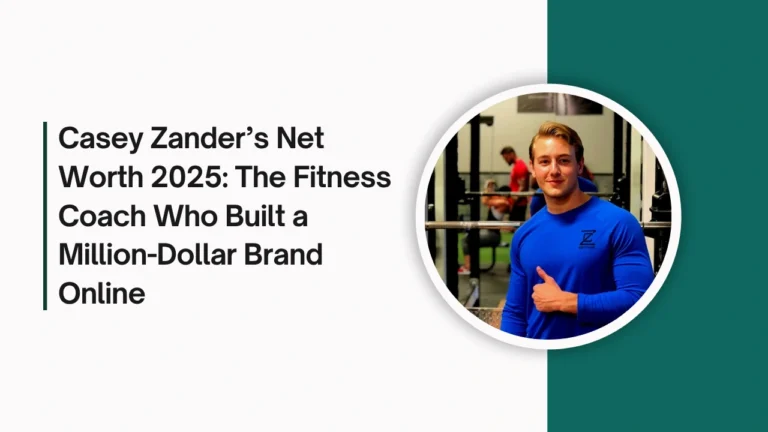 Casey Zander smiles in a gym while wearing a blue shirt, promoting his fitness brand and net worth in 2025