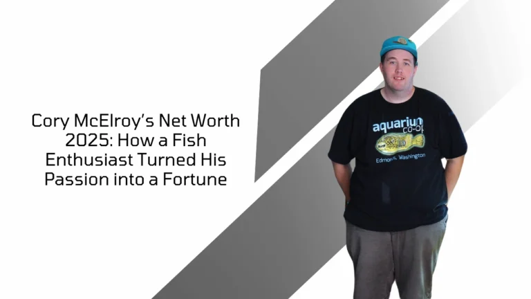Cory McElroy standing in Aquarium Co-Op shirt with net worth 2025 headline on modern background