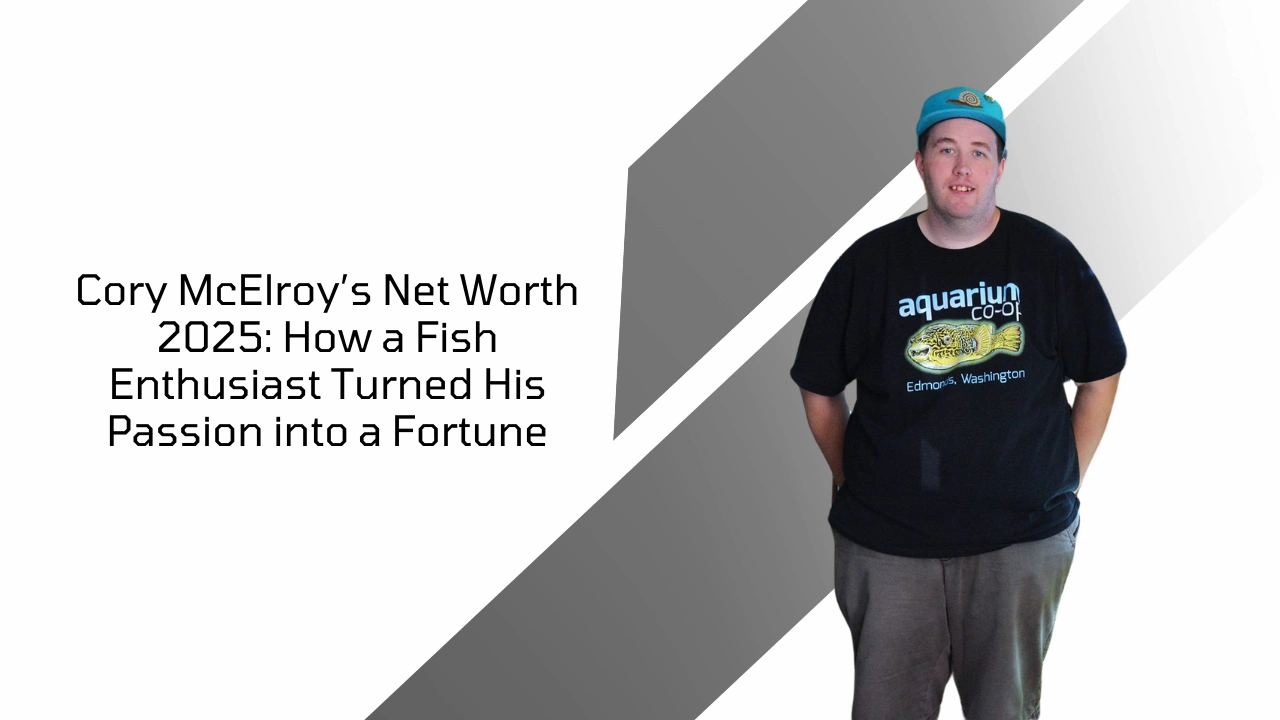 Cory McElroy standing in Aquarium Co-Op shirt with net worth 2025 headline on modern background